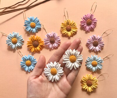 Flower Hoop Earrings, Daisy Sunflower Hoops, clay earrings, colorful flower jewelry, statement earrings, unique earrings, everyday earrings - image3